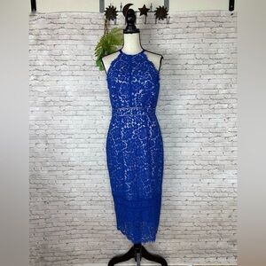 Portman Signature Bright Blue Eyelash Lace Zipper Back MIDI Dress